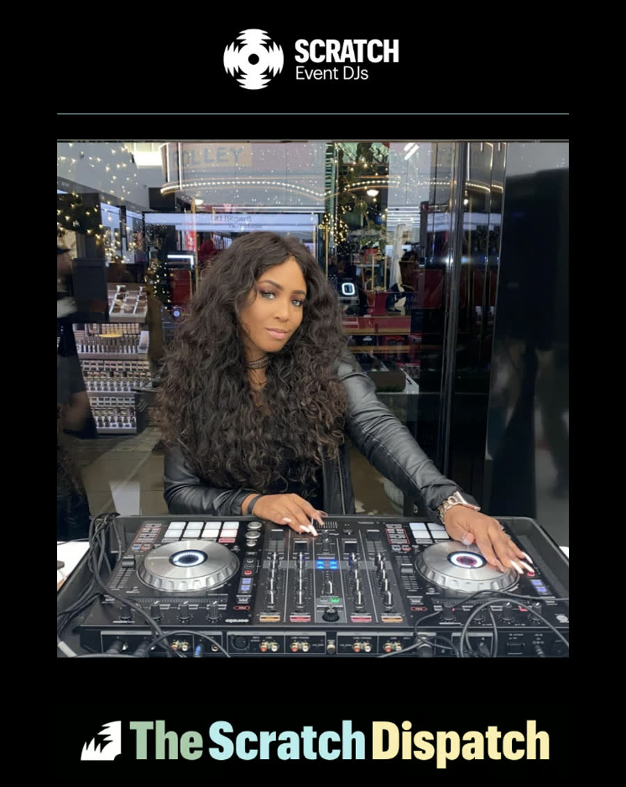 The Scratch Dispatch masthead: Scratch Event DJs logo, a DJ performing at a retail activation, and the Dispatch wordmark
